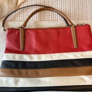Coach Striped Leather Tote in Red, White, Black and Tan